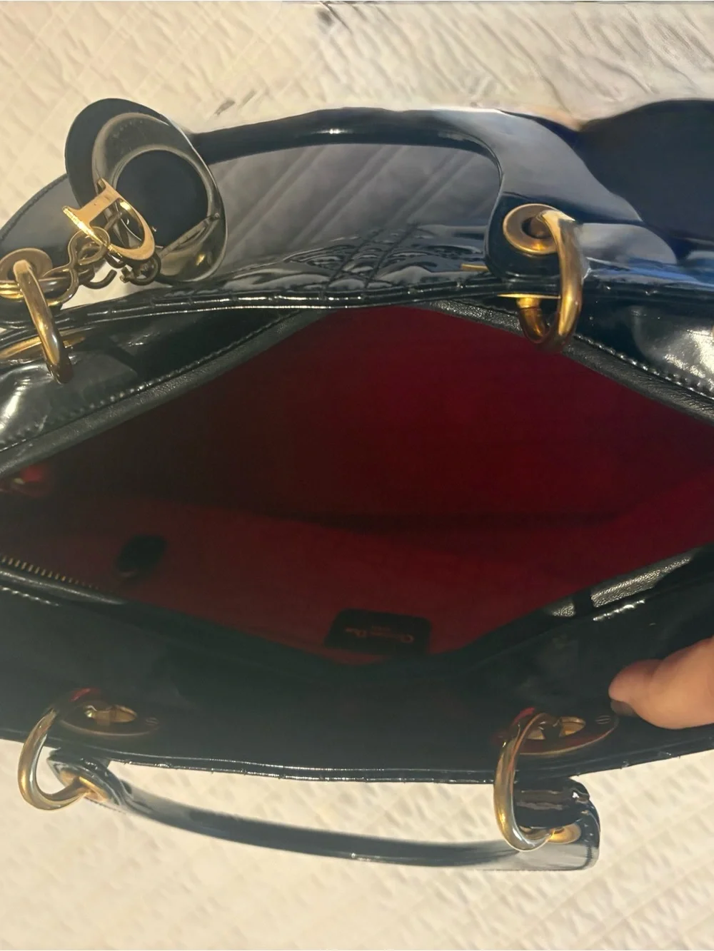 Dior Black Quilted Patent Tote Bag with Gold Charm
